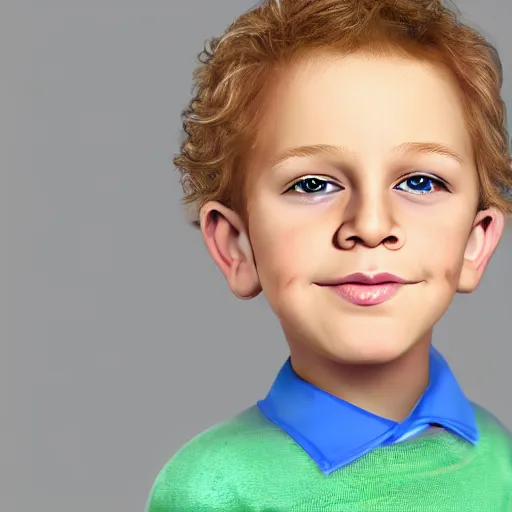 Image similar to caricature painting of a toddler boy with curly blond hair and blue eyes, photography, realistic