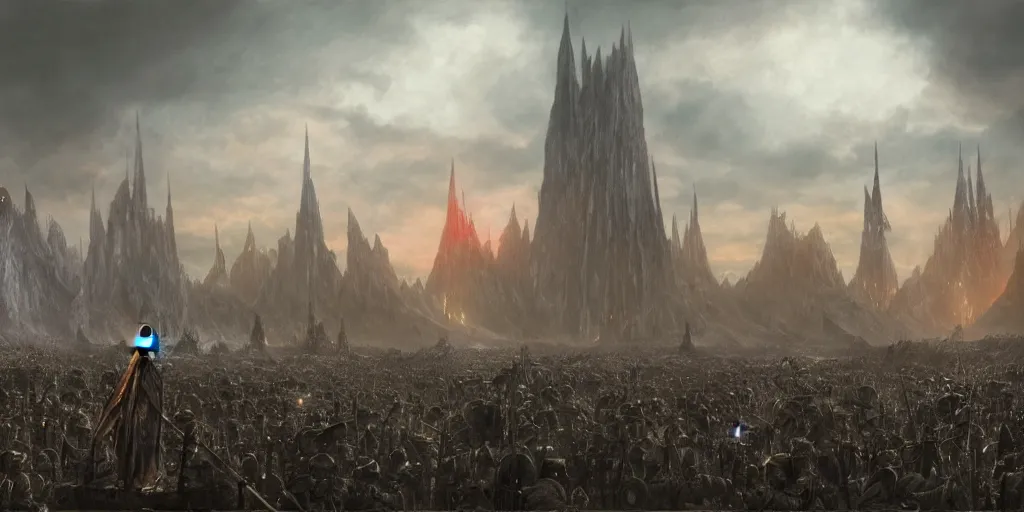 Prompt: Sauron in the foreground with his troops in the background in the evening, detailed matte painting, cinematic, Alan Lee, Artstation
