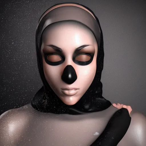 Image similar to 3 d fluid simulation render, octane render, xparticles, black color, female face in latex balaclava and mask,