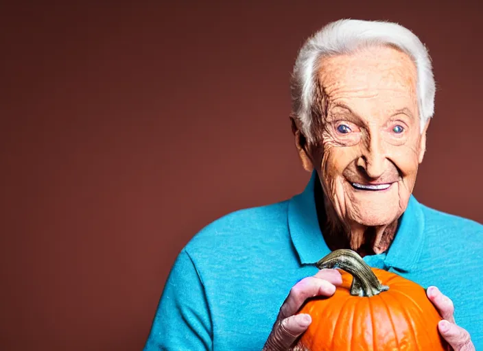 Image similar to studio portrait photo still of bob barker!!!!!!!! at age 7 3 years old 7 3 years of age!!!!!!! eating a pumpkin empanada, 8 k, 8 5 mm f 1. 8, studio lighting, rim light, right side key light