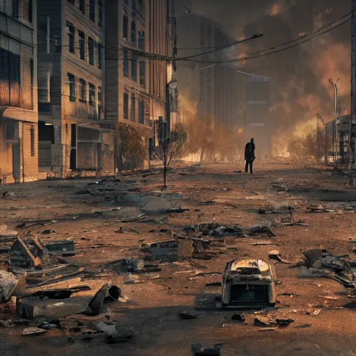 Image similar to a lone wanderer in a dystopian city with lots of debris, cars, and fires, extremely detailed 3D render