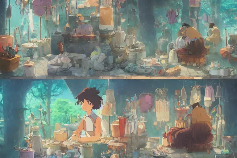 Prompt: Buyers choosing magic animals in magic animals market. 4K digital paint by studio Ghibli Hayao Miyazaki. Very sharp and detailed. Trending on ArtStation and Behance.