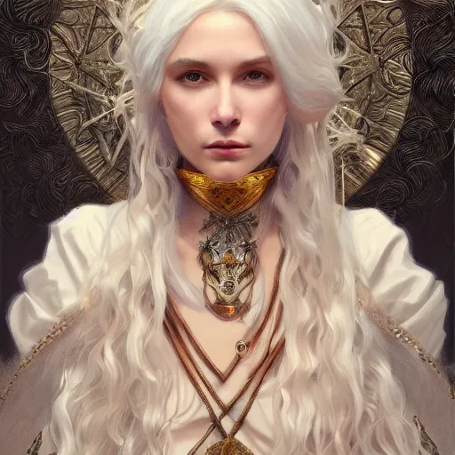 Image similar to god/goddess, non-binary, white hair, long hair, gorgeous, amazing, elegant, intricate, highly detailed, digital painting, artstation, concept art, sharp focus, illustration, art by greg rutkowski and alphonse mucha