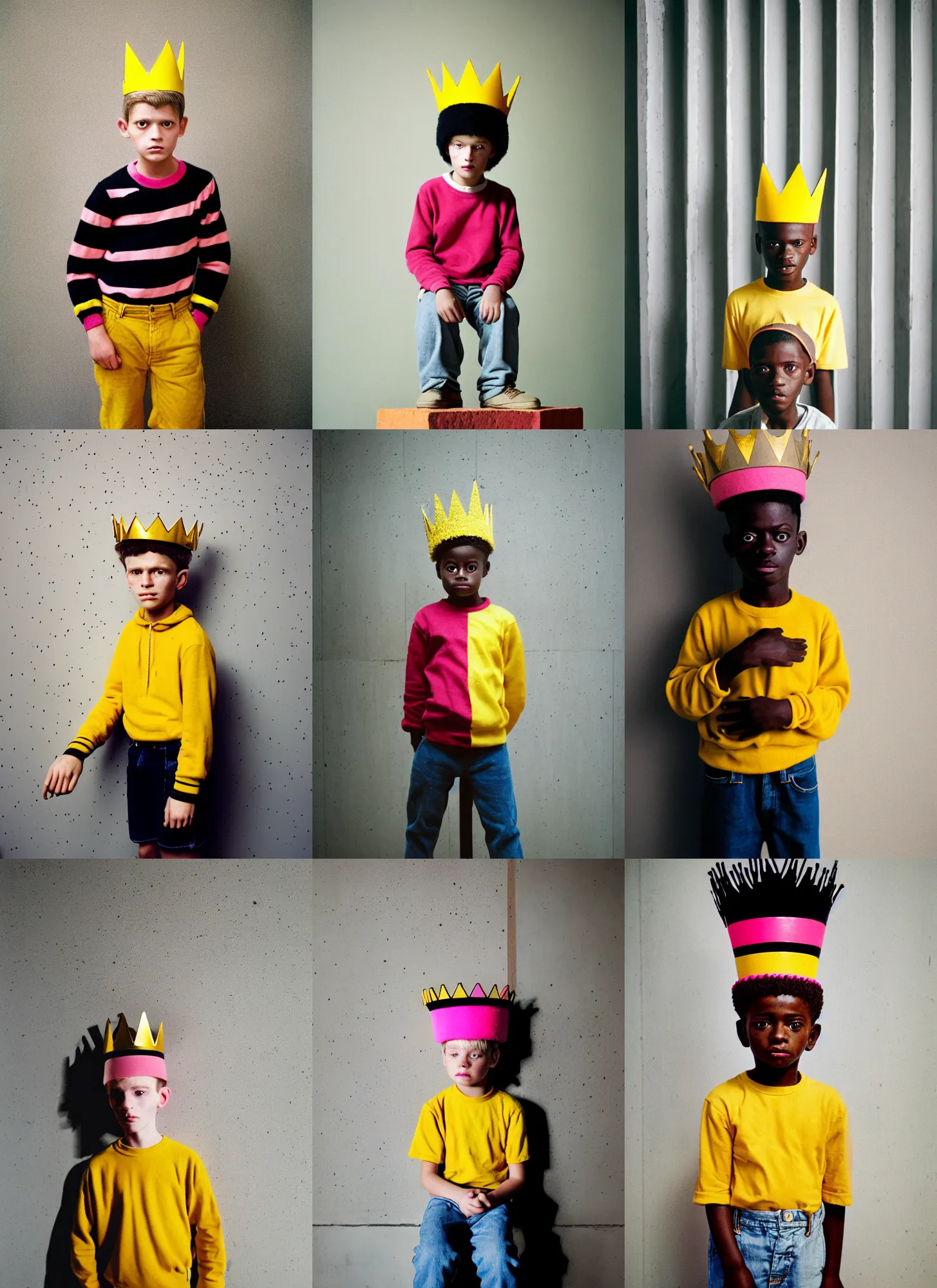 Prompt: kodak portra 4 0 0, 8 k, shot of a highly detailed, britt marling style, colour still - life portrait of a large minimalistic room, rough concrete walls, the wooden statue of a yellow black striped 8 year old boy with pink crown on his head