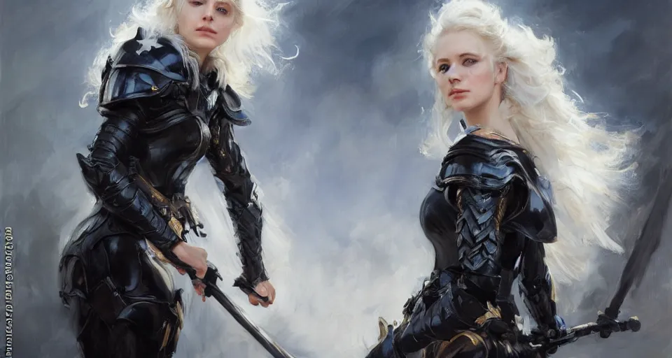 Prompt: a heroine in black armor, she is holding a french flag, she has white hair by Daniel F. Gerhartz, hyperrealistic oil painting, 4k, very detailed faces, studio lightning