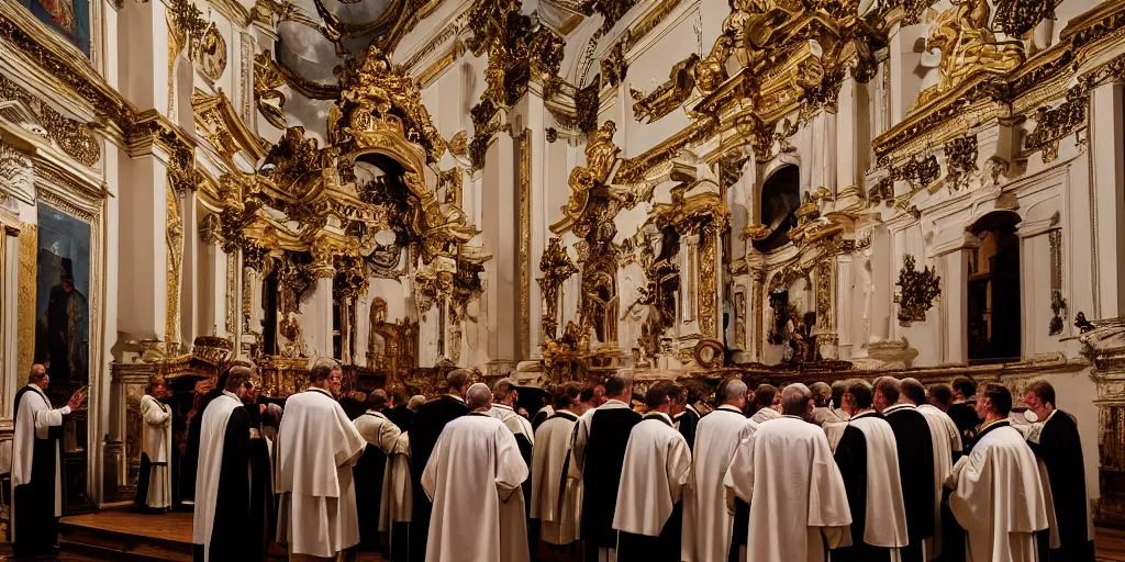 Image similar to photography of circle group of priests invoking ritual in a baroque intricate church