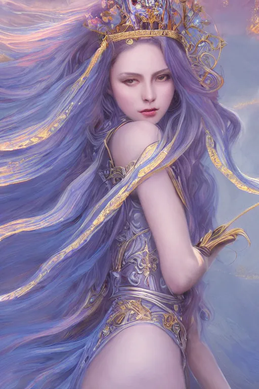 Prompt: breathtaking detailed soft painting of a knight queen with long flowing blue hair, pastel flower petals flying, at dawn in front of a pristine golden art nouveau cathedral, elegant, volumetric lighting, highly detailed, artstation, concept art, matte, sharp focus, art by pilyeon,