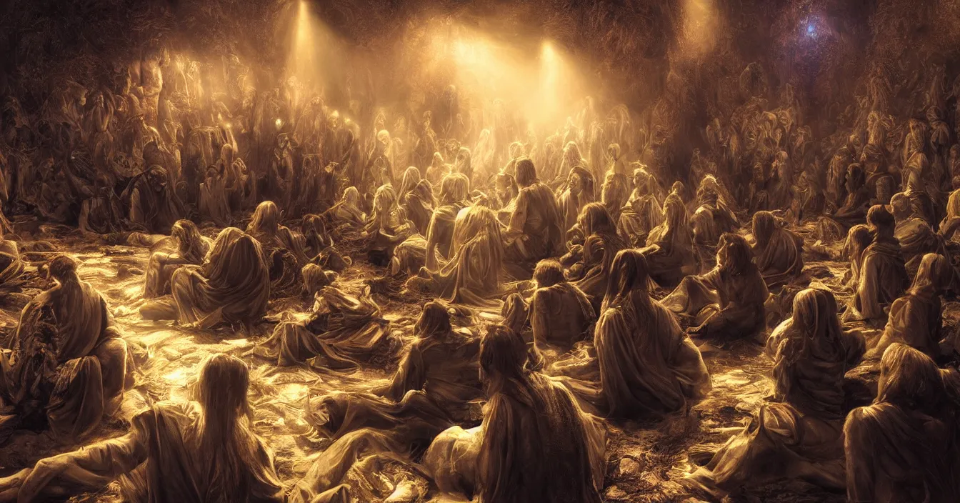 Prompt: rear view of the seated souls in the cinema and watching volumetric light of consciousness projecting their lives in front of them on the big screen, realistic, deep sense of spirituality, visual plasticity, unreal engine quality, raytracing, vray shading, style of donato giancola