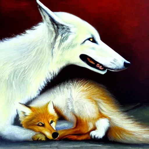 Image similar to A White Wolf kissing a Fox, oil painting