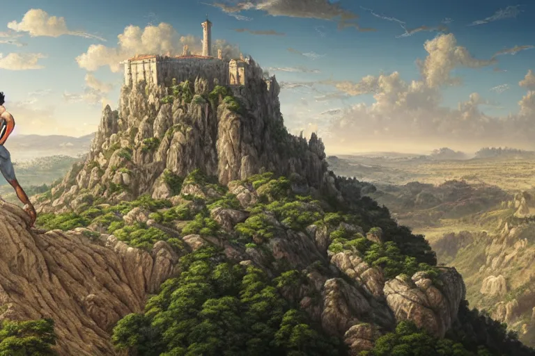 Image similar to an ultra detailed matte landscape painting of an extremely tall and strong young man with short brown hair standing on a cliff overlooking a medieval capital built on top of many hills, italian renaissance architecture, ultrawide lense, aerial photography, 8 k, volumetric lighting, smooth, highly detailed, digital illustration, art by kentaro miura and akira toriyama and artgerm