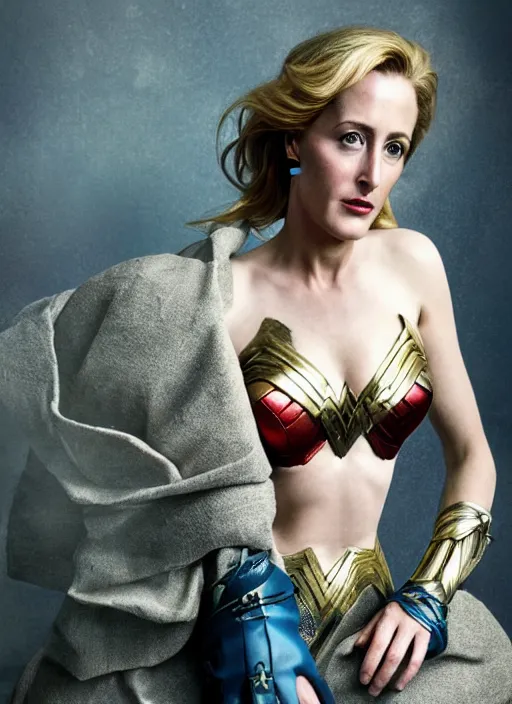 Image similar to full length photo of a gorgeous Gillian Anderson dressed as wonder woman by Mario Testino, detailed, head shot, award winning, Sony a7R