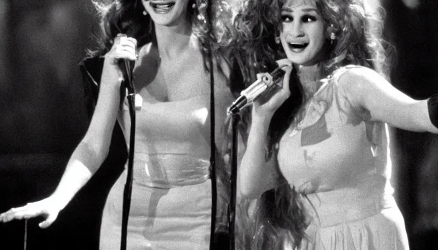 Image similar to Julia Roberts as Selena! singing!! on a stage, 1995 movie, cinematic, beautiful, elegant, single person