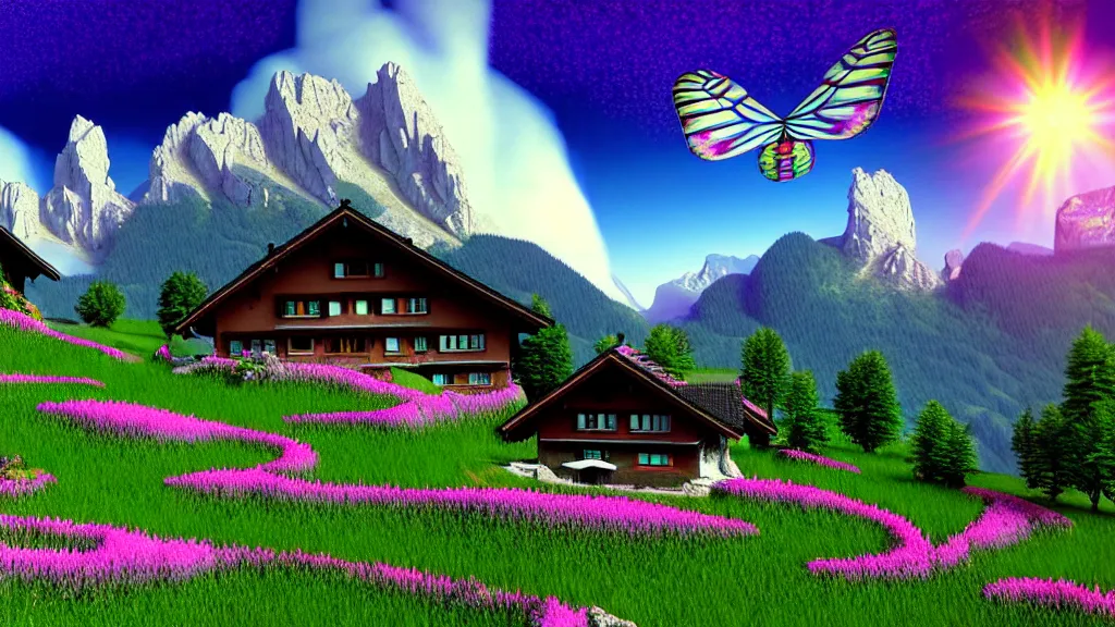 Prompt: 3 d render of matte painting of mountain cottage szene in beautiful mountain landscape in the bavarian alps against a cyber landscape, psychedelic surreal background with 3 d butterflies and 3 d flowers n the style of 1 9 9 0's cg graphics, lsd dream emulator psx, 3 d rendered y 2 k aesthetic by ichiro tanida, 3 do magazine, wide shot