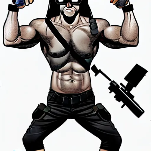 Image similar to muscular man, black vest with no shirt underneath, goggles around his neck, cargo pants, ammo belt, holding a blaster, long black hair in a ponytail, five o' clock shadow, comic book art, full body shot