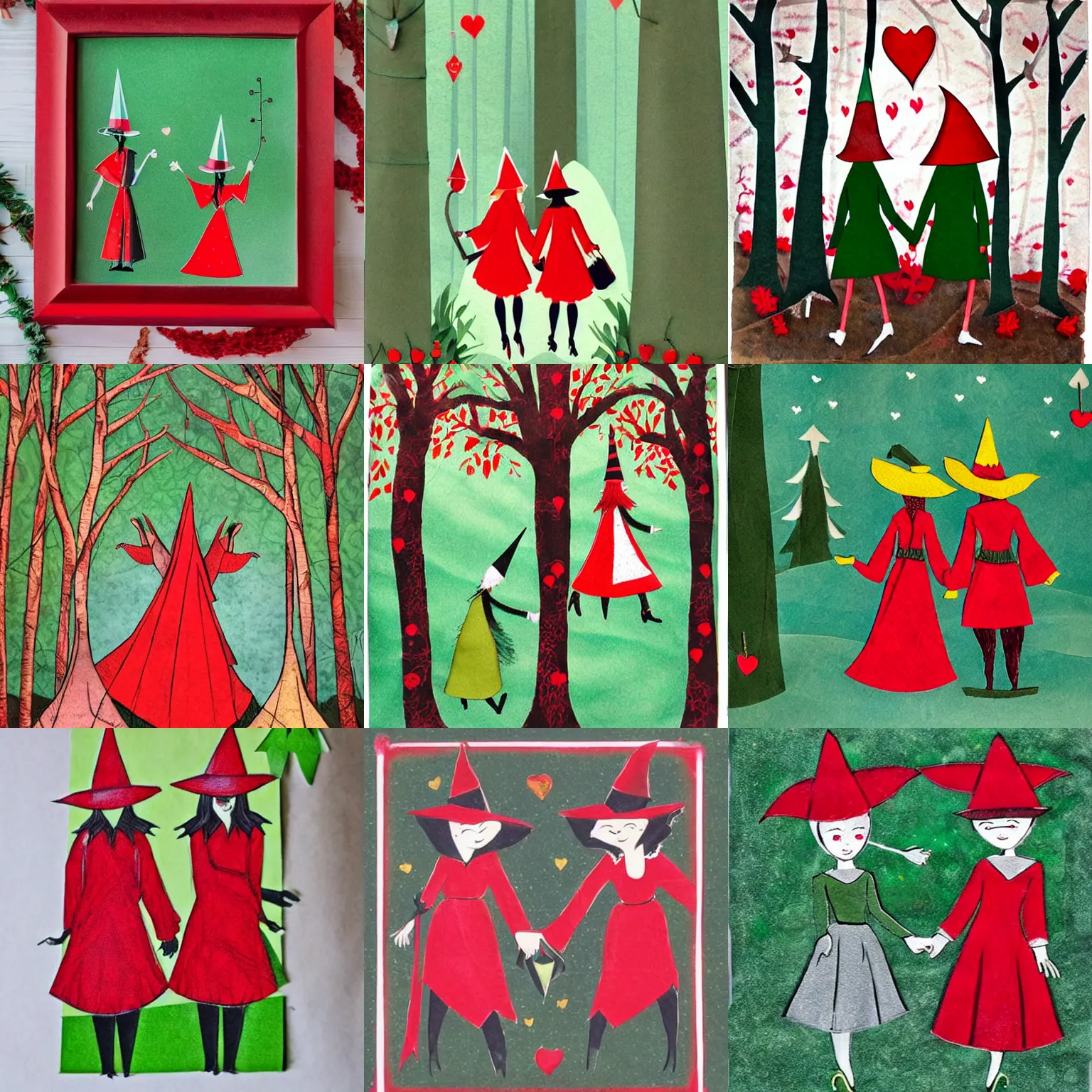 Prompt: two witches wearing red and green robes and wearing pointy hats walking along the path of a magic forest holding hands. they are in love. whimsical storybook illustration, layered paper art