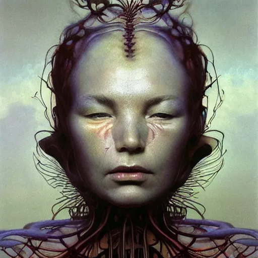 Image similar to bjork by zdzisław beksinski, iris van herpen, raymond swanland and alphonse mucha. highly detailed, hyper - real, beautiful