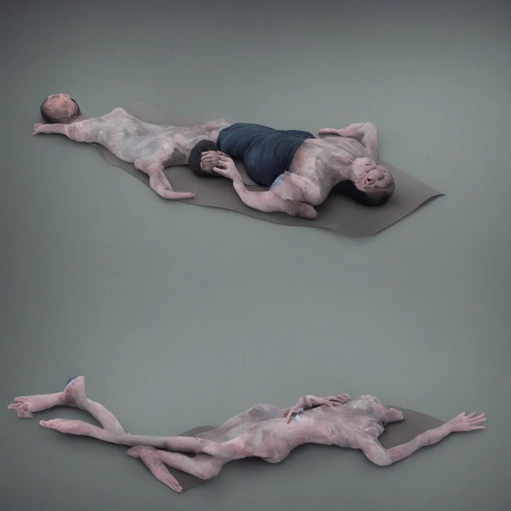 Prompt: cinestill of iridiscent oil with corpses connected by ethernet cables to wax technical forms to a buried baby relaxing on yoga mat, faded, iridiscent gradient, fog, depth of field, blur, very detailed, by nadav kander and hans bellmer, 8 k, ultrarealistic, sad atmosphere, cinematic, 8 5 mm lens