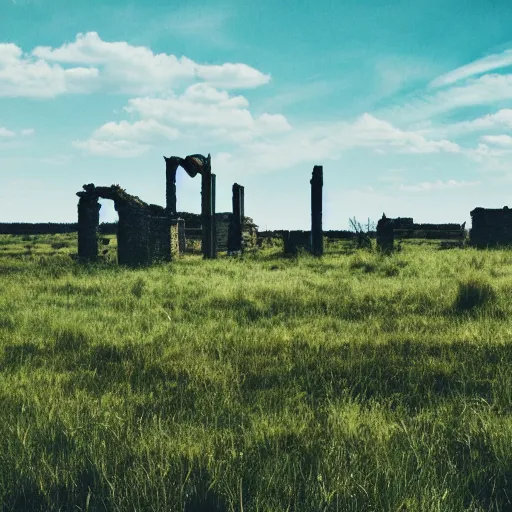 Prompt: grasslands, ( ( ( ( ruins ) ) ) ) small town!!!!!!, [ 4 k photorealism ]!!!, trending on unsplash, intricate, zoomed out photography