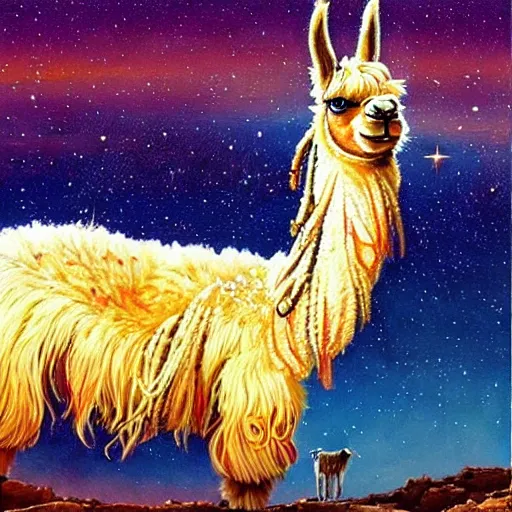 Image similar to a beautiful and realistic painting of a llama with dreadlocks, heroic pose, desert and stars on background, in style of John Berkey