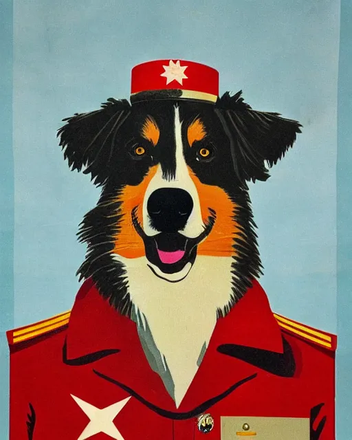 Prompt: communist propaganda poster of an australian shepherd soldier, soviet art