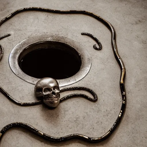 Image similar to metallic other-worldly skull with the body of an infinite coiled snake coming up from a hole in the floor, room interior, dark fantasy, XF IQ4, f/1.4, ISO 200, 1/160s, 8K, RAW, unedited, symmetrical balance, in-frame