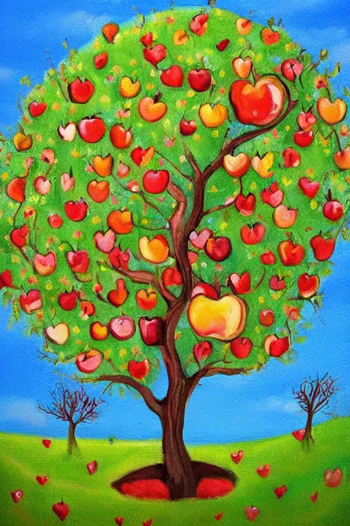 Prompt: a whimsical painting of a whimsical apple tree with apples and hearts and flowers on a small hill, painted by Lilia Alvarado, trending on artstation,