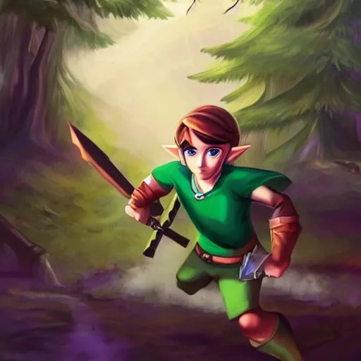 Image similar to link is running to save princess zelda, in forest background, lois van baarle