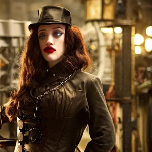 Prompt: long shot photo of kat dennings as a steampunk rogue