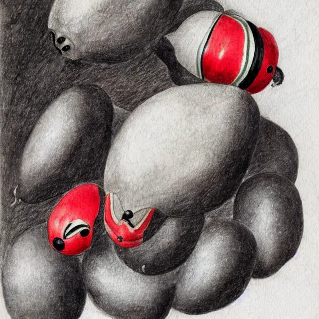 Image similar to concept art by michelangelo, pencil and watercolor. a mask representing a colorado potato beetle, black and white with red accents