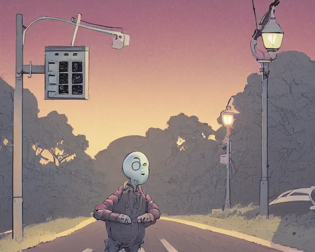 Image similar to a study of cell shaded cartoon of a Grey alien on a country road, street lamps, road, illustration, wide shot, subtle colors, post grunge, concept art by josan gonzales and wlop, by james jean, Victo ngai, David Rubín, Mike Mignola, Laurie Greasley, highly detailed, sharp focus, alien, Trending on Artstation, HQ, deviantart, art by artgem