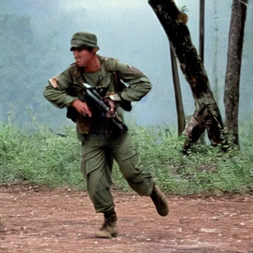 Prompt: soldier running around jungle bases, far shot, 1 9 8 7, movie still