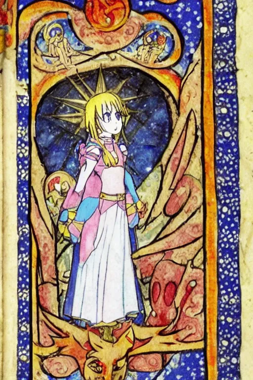 Image similar to magical girl anime madoka magika depicted in a medieval illuminated manuscript bible