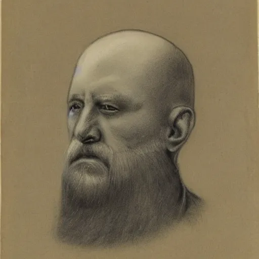 Image similar to charcoal portrait of an early 20th century russian, black robes bald, beardless, no eyebrows