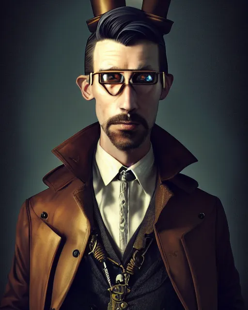 Image similar to steampunk male portrait, handsome man wearing detective coat, steampunk monocle, complex 3 d render by ilya kuvshinov, peter mohrbacher, greg rutkowski, ryohei hase, dramatic lighting, intricate, highly detailed, sharp focus, luminous, unreal engine, blender, artgems, masterpiece, ray tracing