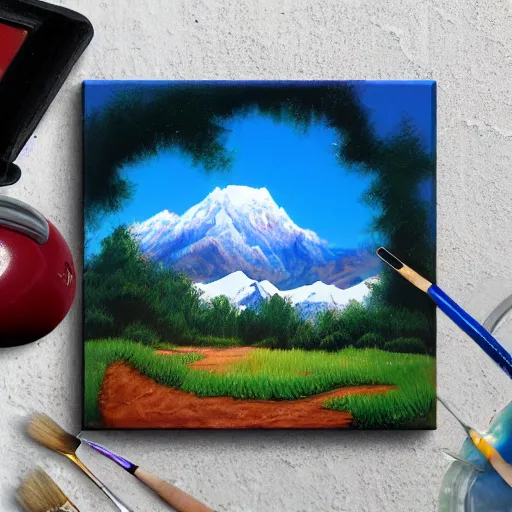 Image similar to a closeup photorealistic photograph of bob ross themed kenny powers baseball, painting on a canvas. mountains and trees. film still. brightly lit scene. this 4 k hd image is trending on artstation, featured on behance, well - rendered, extra crisp, features intricate detail, epic composition and the style of unreal engine.