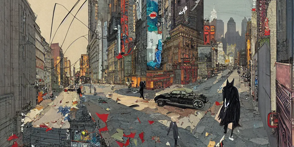Prompt: batman roaming the streets, detailed, intricate, torn paper decollage, oil on canvas by edward hopper, ( by mattias adolfsson ), by moebius, cmyk