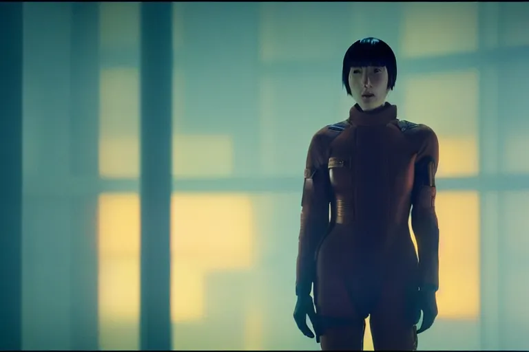 Prompt: major motoko wearing an orange prison jumpsuit, a large hologram of a screaming face dominates the background, photography by fred palacio medium full shot still from bladerunner 2 0 4 9, sci fi, bladerunner, canon eos r 3, f / 3, iso 2 0 0, 1 / 1 6 0 s, 8 k, raw, unedited