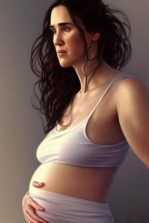 Image similar to pregnant jennifer connelly in a white tank top, realistic portrait, symmetrical, highly detailed, digital painting, artstation, concept art, smooth, sharp focus, illustration, cinematic lighting, art by artgerm and greg rutkowski and alphonse mucha