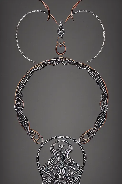 Image similar to Necklace made of silver,nordic, kalevala, Copper lining ,intricate, elegant, highly detailed, digital painting, artstation, concept art, addiction, chains, smooth, sharp focus, illustration, art by Ilja Repin