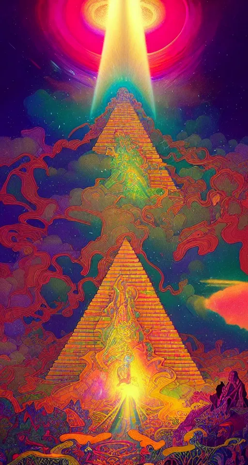 Image similar to An extremely psychedelic abstract illustration of mayan pyramid beaming celestial light, colorful, surreal, dramatic lighting, magic mushrooms, psilocybin, LSD, detailed, intricate, elegant, highly detailed, digital painting, artstation, concept art, smooth, sharp focus, illustration, art by Krenz Cushart and Artem Demura and alphonse mucha