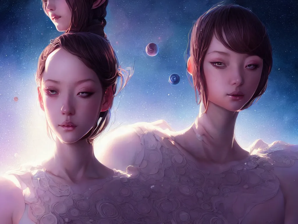 Prompt: a girl wearing a dress made of milky way with outer gods, conquest the earth, occlusion shadow, specular reflection, rim light, unreal engine, artgerm, artstation, art by hiroaki samura and ilya kuvshinov and ossdraws, intricate, highly detailed 8 k, fantasy illustration, extremely beautiful and aesthetic shape of face and body