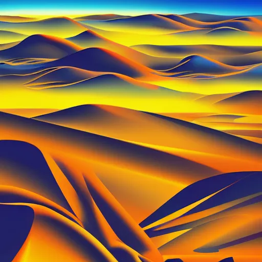 Prompt: a beautiful landscape of a vast desert with mountains and hills in a cubo - futurism style, digital art