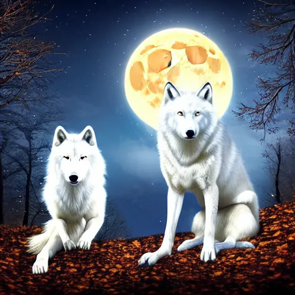 Image similar to white wolf with blue eyes stands in a dark night dormant autumn forest with magic moon in sky, no yellow color in eyes, no yellow color, realistic