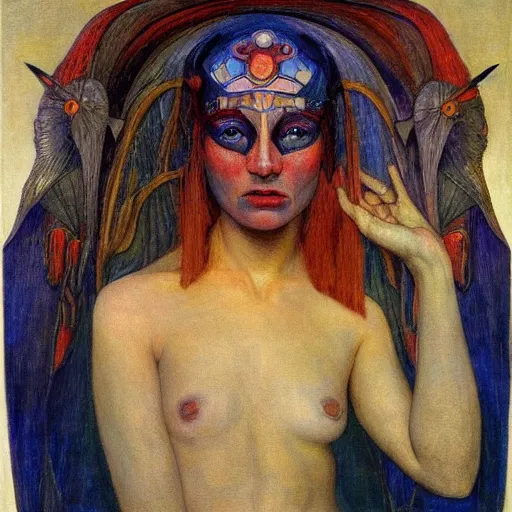 Image similar to the android in her crow crown, by Annie Swynnerton and Diego Rivera, symbolist, dramatic lighting, elaborate geometric ornament, Art Brut ,god rays, soft cool colors,smooth, sharp focus, extremely detailed, Adolf Wölfli