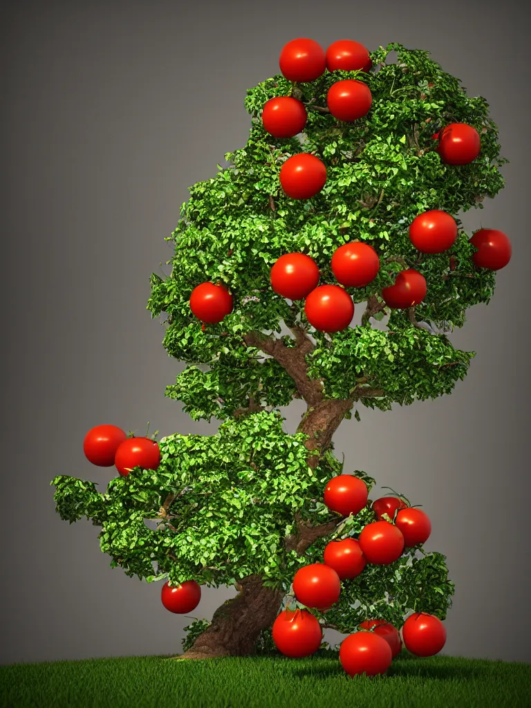 Prompt: highly detailed 3 d render of a mythical tree with sparse leaves of tomatoes and mozzarella balls and basil leaves, hyper realistic octane render, cinematic lighting, deviantart, lowbrow, surrealism, pixar still