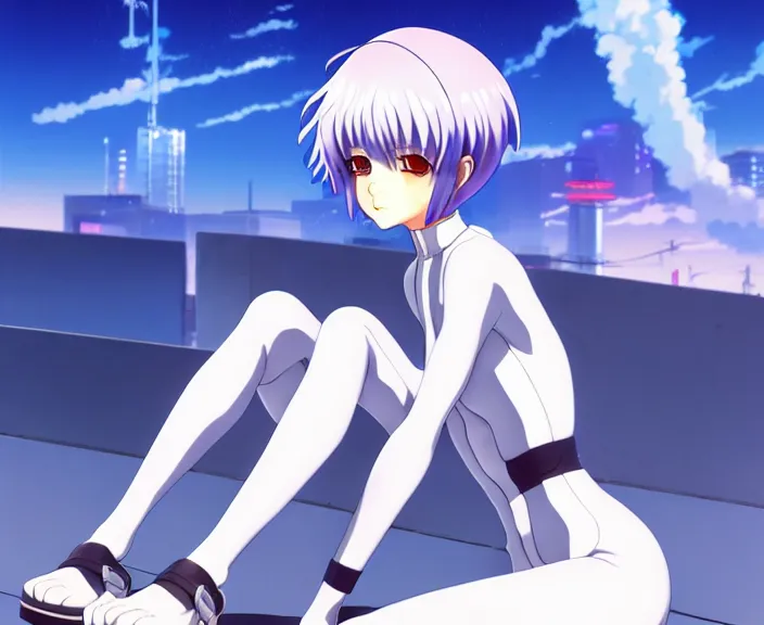 Image similar to anime art, fullbody shot of female rei ayanami, evangelion, long blue hair and large eyes, finely detailed perfect face, in a pale skintight plugsuit, sitting on rooftop, flooded city, trending on pixiv fanbox, by ilya kuvshinov, sola digital arts,, raytracing