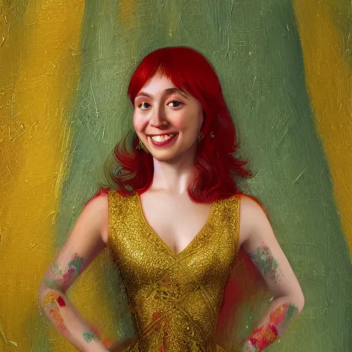 Image similar to Highly detailed painting of a beautiful young woman in front of a fabric background with red hair, smiling by Craig Mullins, Fabric texture, dress, gold details, gemstone, Golden thread, golden details, emeralds, intricate details, intricate patterns 4k, 8k, HDR