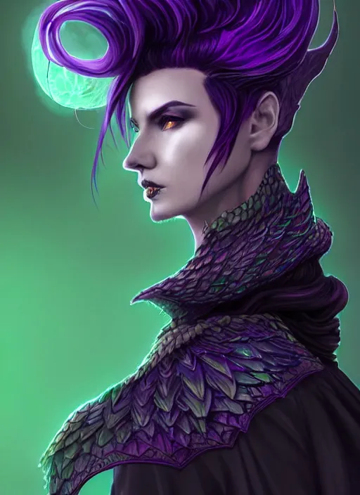 Image similar to side portrait dark witch, adventurer outfit large cloak, fantasy forest landscape, dragon scales, fantasy magic, undercut hairstyle, short purple black fade hair!!!!!!, dark light night, intricate, elegant, sharp focus, illustration, highly detailed!!!!!!!, digital painting, concept art, green neon smoke, matte painting, art by WLOP and Artgerm and Greg Rutkowski and Alphonse Mucha, masterpiece