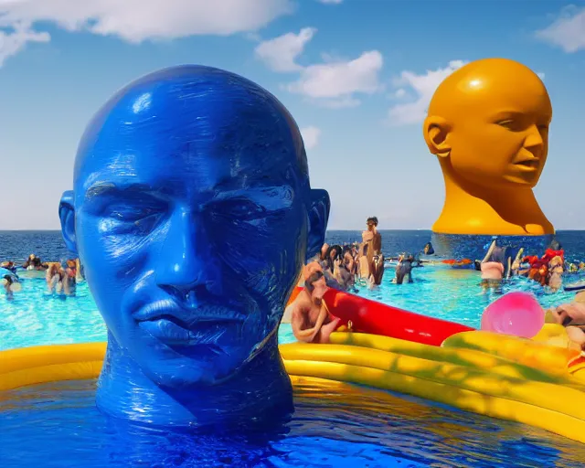 Image similar to a long shot of a giant award winning sculpture of a human head made out of a huge amount of inflatable pool toys, on the surface of the ocean, in the style of chad knight, hyper detailed, hyper realistic, ray tracing, 8 k resolution, sharp focus, realistic water