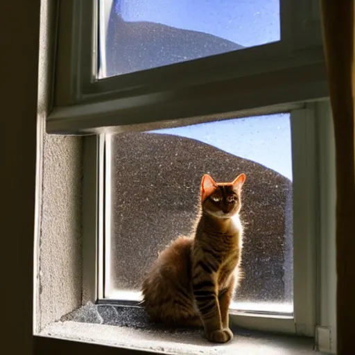 Image similar to photo of a cat watching martian terrain inside a window